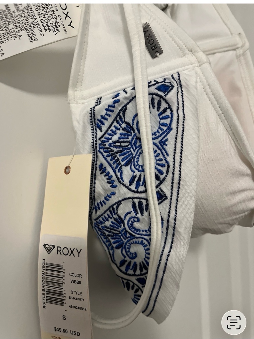 NWT Roxy White & Blue Embroidered Ruffle Bandeau Bikini Swim Top | Size S